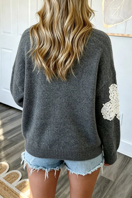 Dark Grey Beaded Floral Accent Casual Round Neck Sweater model back view · nz-alt-v1