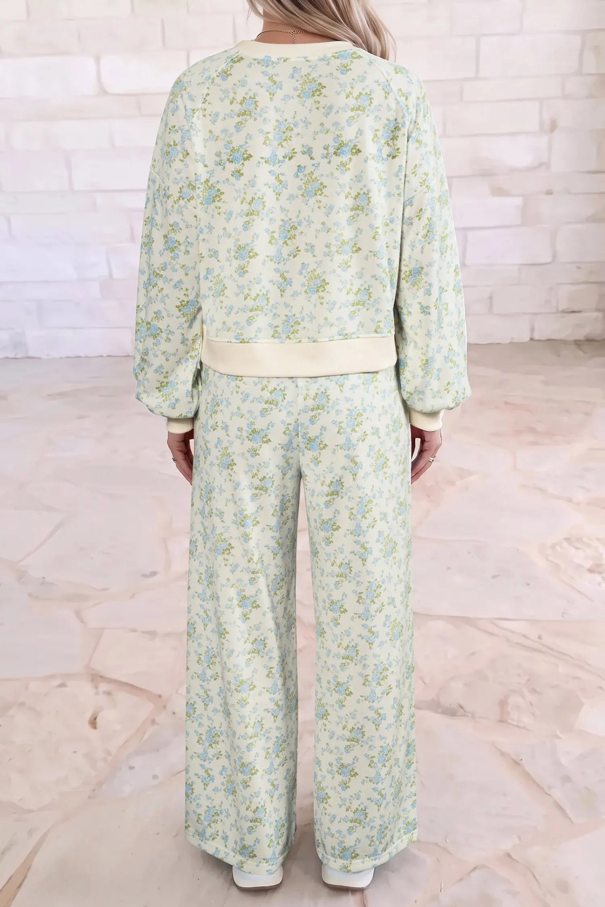 Sky Blue Floral Print Long Sleeve Top Drawstring Wide Leg Pants Set model back view · nz-alt-v1