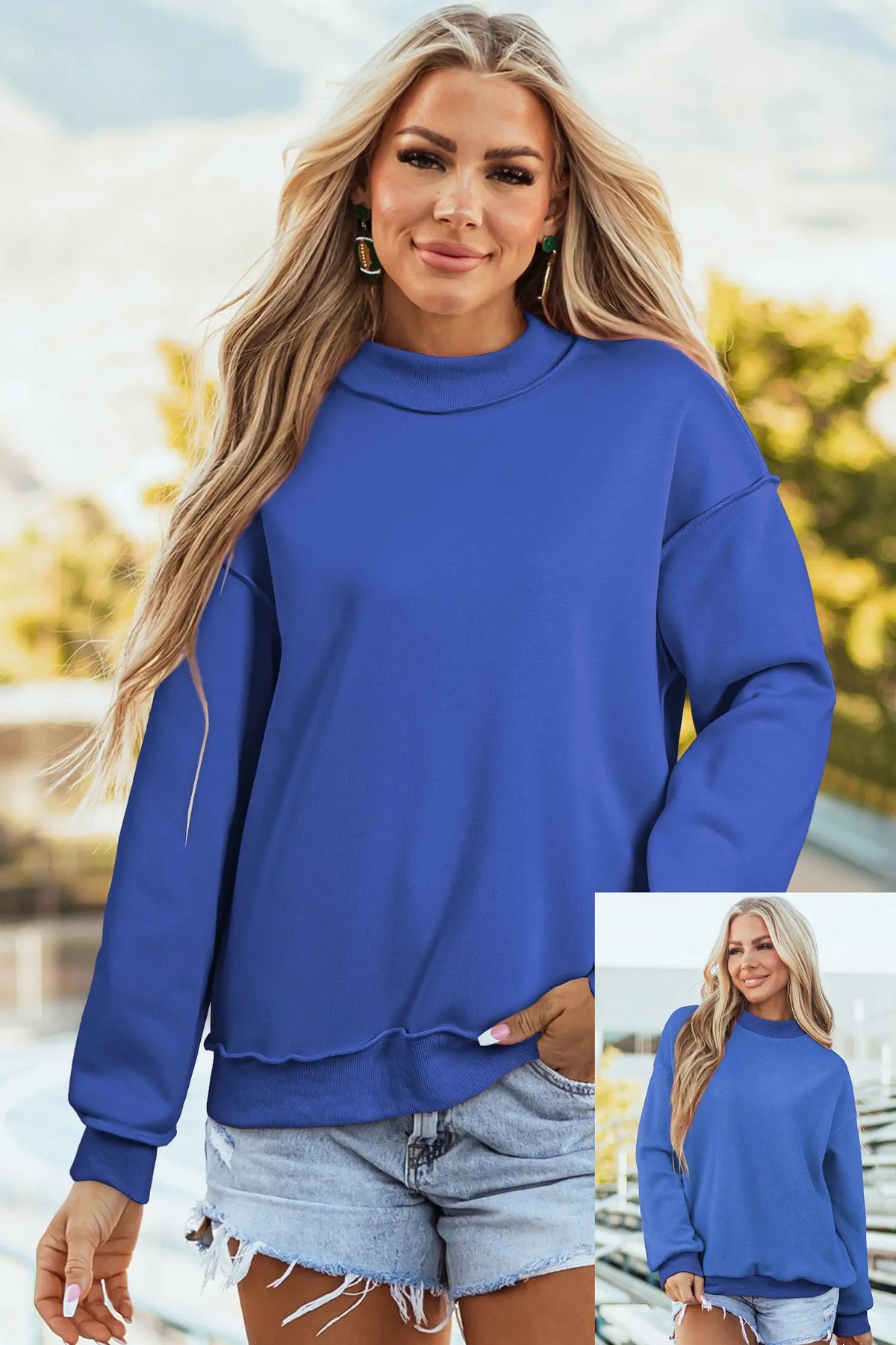 Bluing Oversize Drop Shoulder Reversible Mock Neck Sweatshirt
