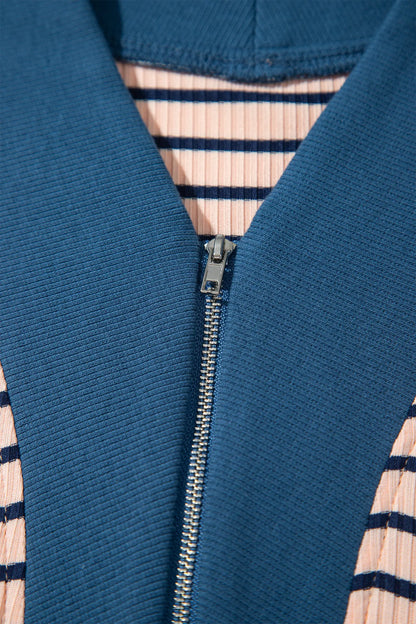 Pink Stripe Striped Colorblock V Neck Long Sleeve Plus Size Set