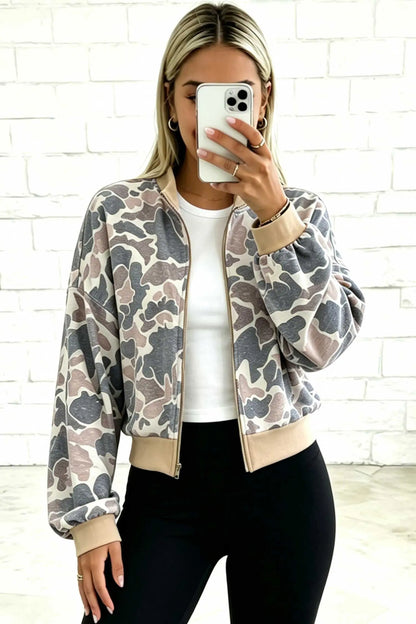 Multicolour Camouflage Print Color Block Trim Zip Bomber Sweatshirt
