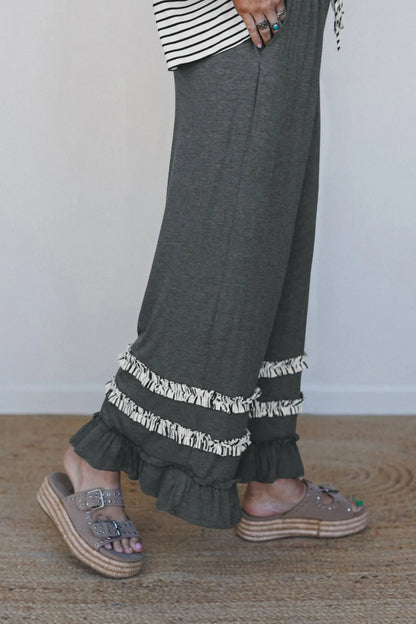Gray Stripe V Neck Ruffle Contrast Sleeve Top Drawstring Pants 2pcs Set