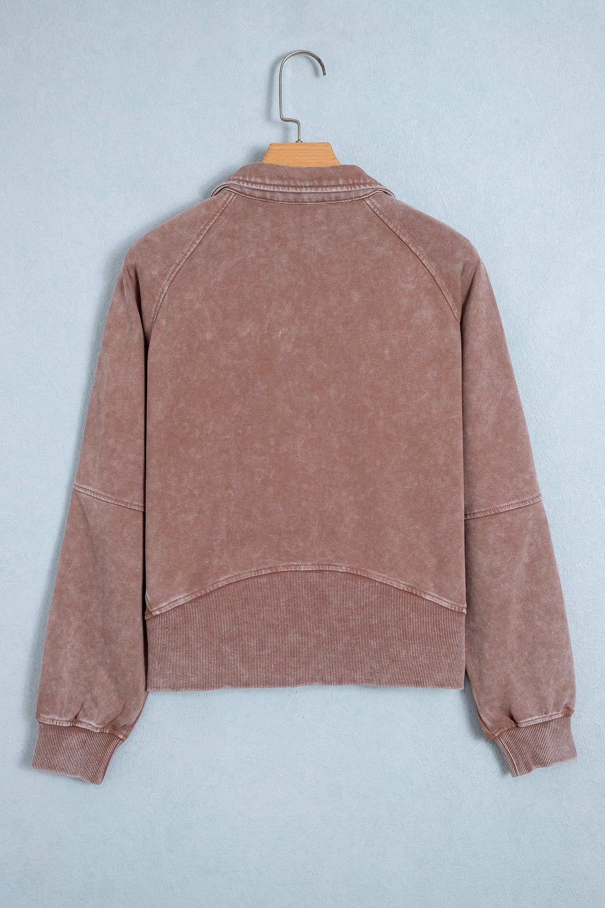 Chestnut vintage half-zip long sleeve ribbed sweatshirt hanging view · nz-alt-v1