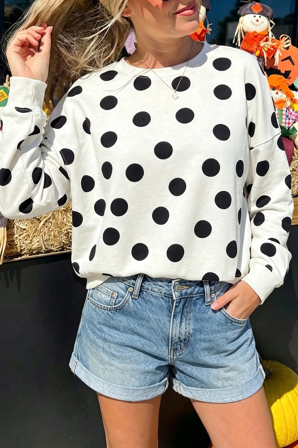 Casual Polka Dot Round Neck Pullover Sweatshirt