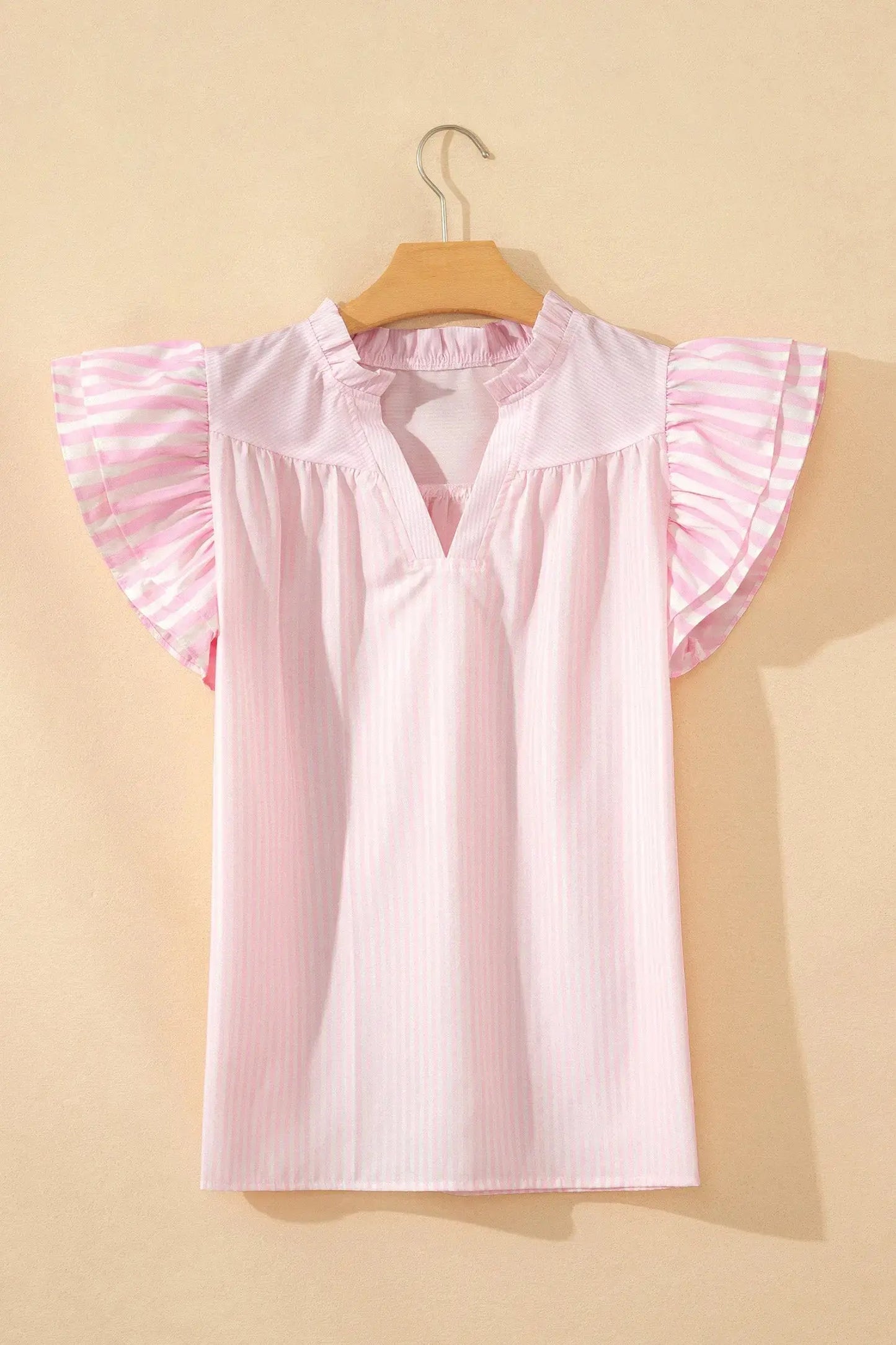 Pink Stripe Contrast Trim V Neck Flutter Sleeve Blouse - Blouses & Shirts