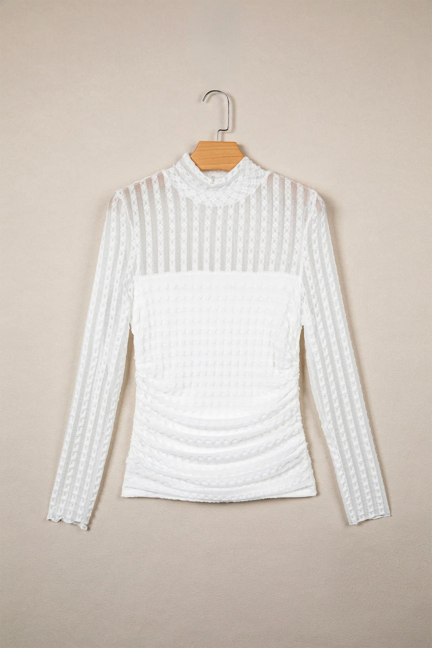 Beige Textured Sheer Lace High Neck Long Sleeve Top