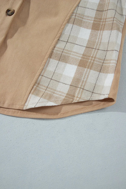 Light French Beige Plaid Colorblock Shirt Collar Shift Shacket