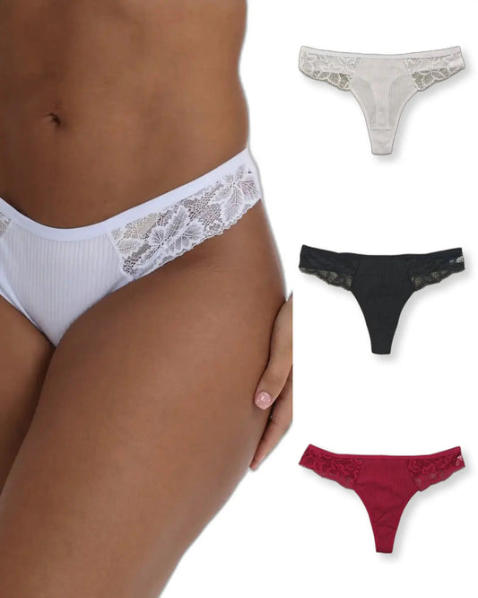 Nataliz pack of 3 cotton thongs with lace combination in white black and red, on model with all colors shown