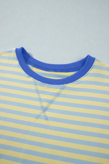 Yellow Stripe Colorblock Trim Crew Neck Loose Tee Drawstring Elastic Waist 2pcs Pant Set