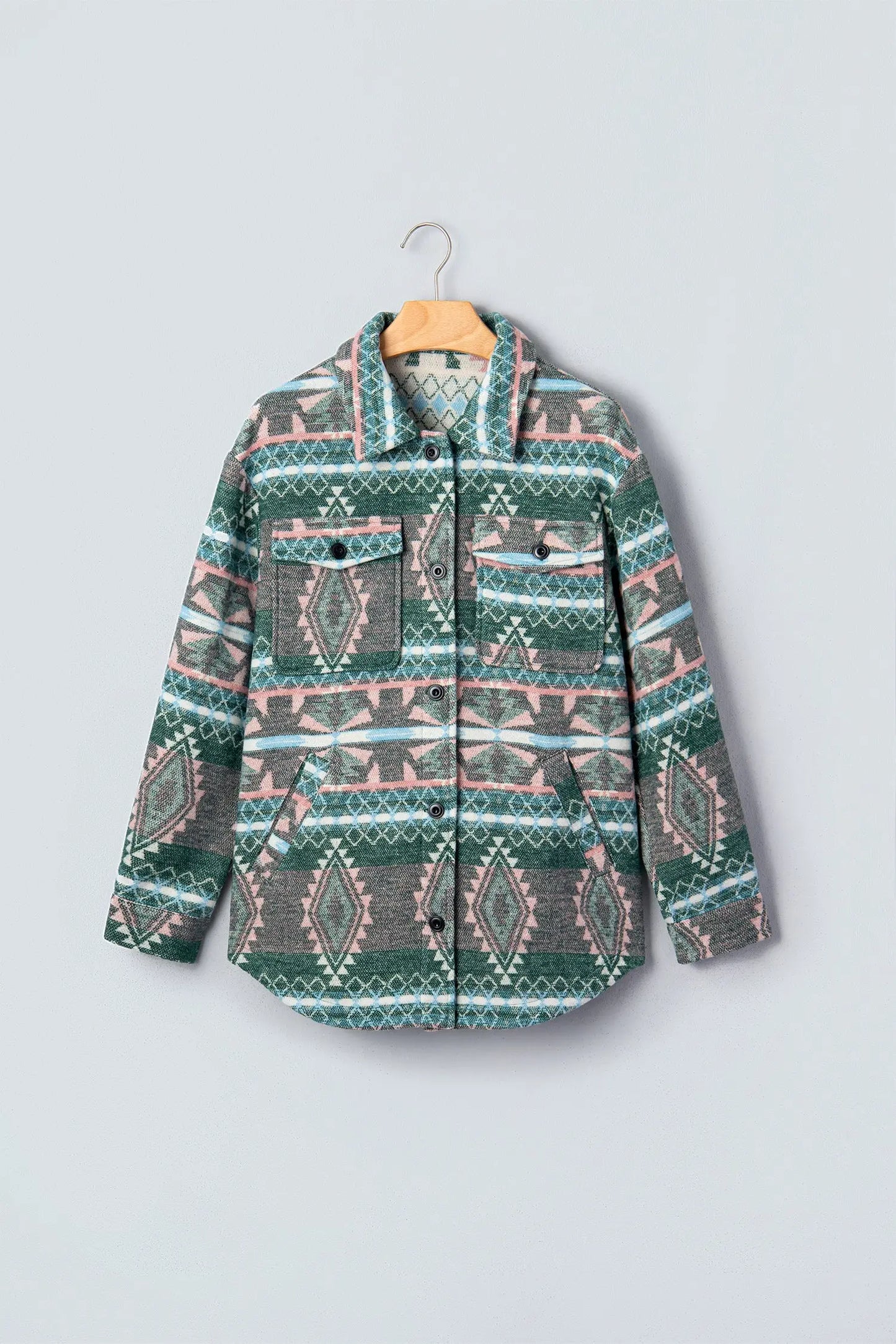 Green Geometric Print Button Front Long Sleeve Shacket