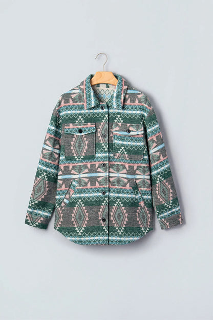 Green Geometric Print Button Front Long Sleeve Shacket