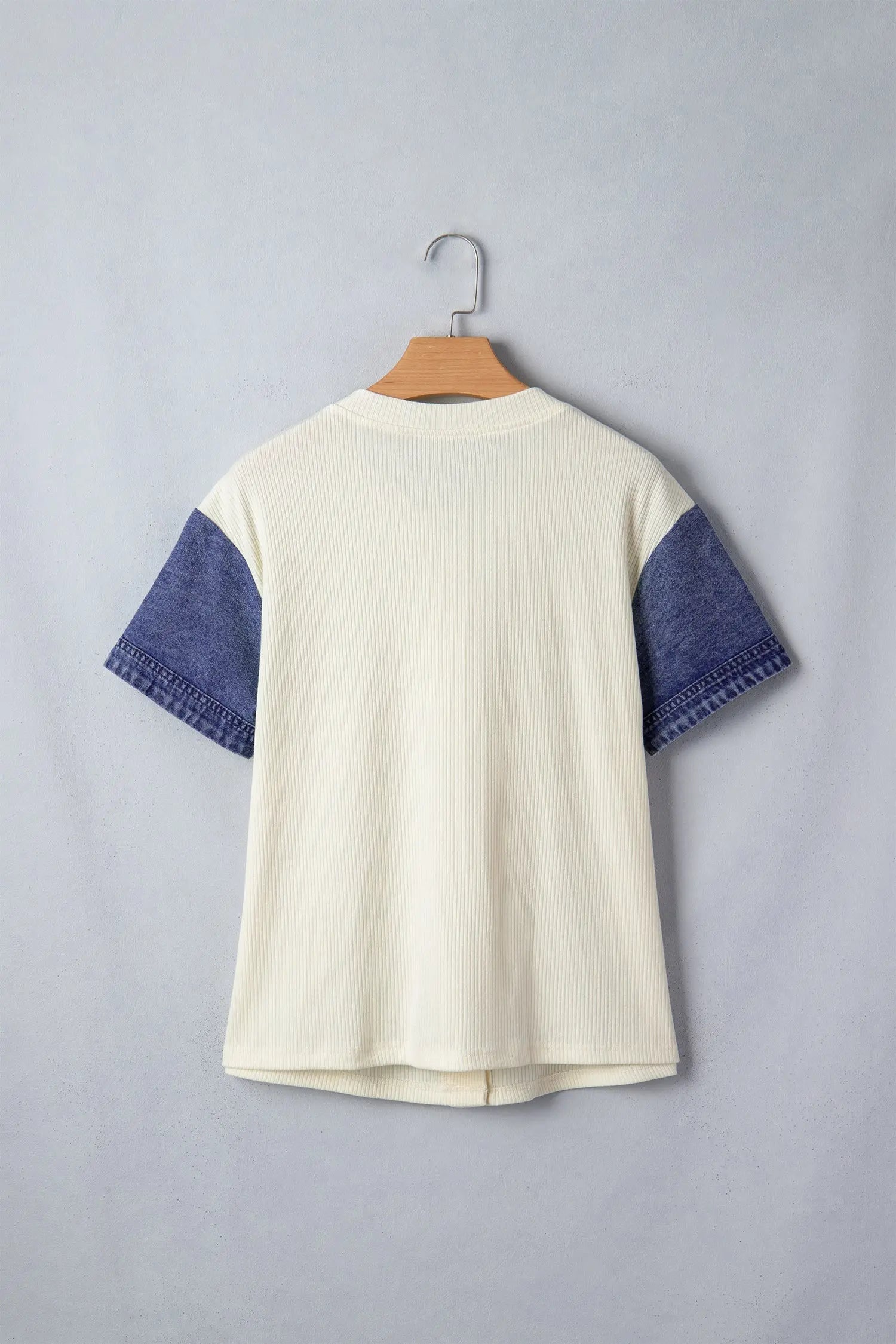 Beige Denim Patchwork Short Sleeve Ribbed Shirt Dear-Lover Dropshipping