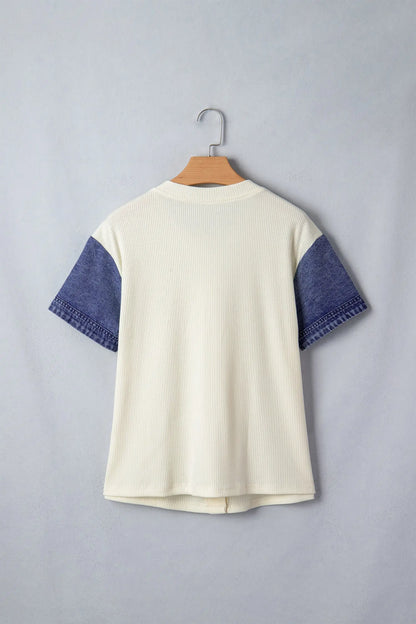 Beige Denim Patchwork Short Sleeve Ribbed Shirt Dear-Lover Dropshipping