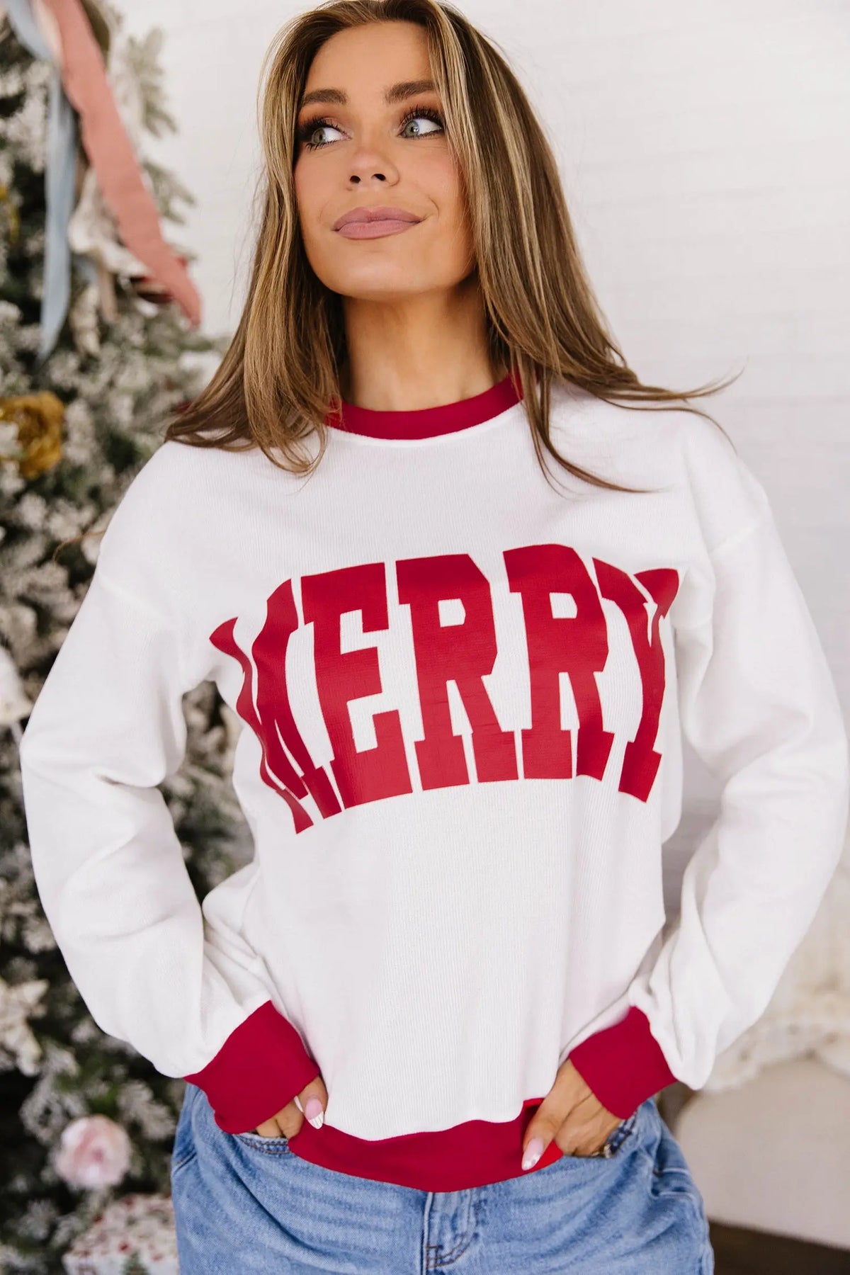 Beige Color Block Trim Merry Slogan Pullover Sweatshirt