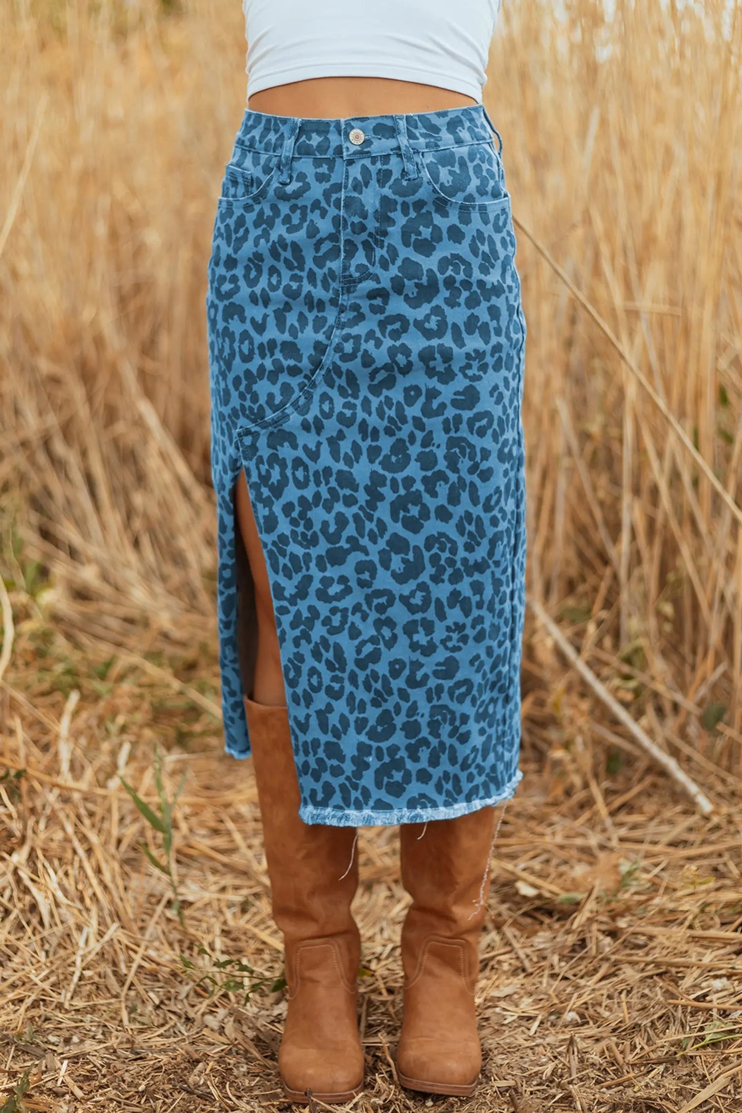 Brown Leopard Print Side Split Frayed Hem Denim Midi Skirt