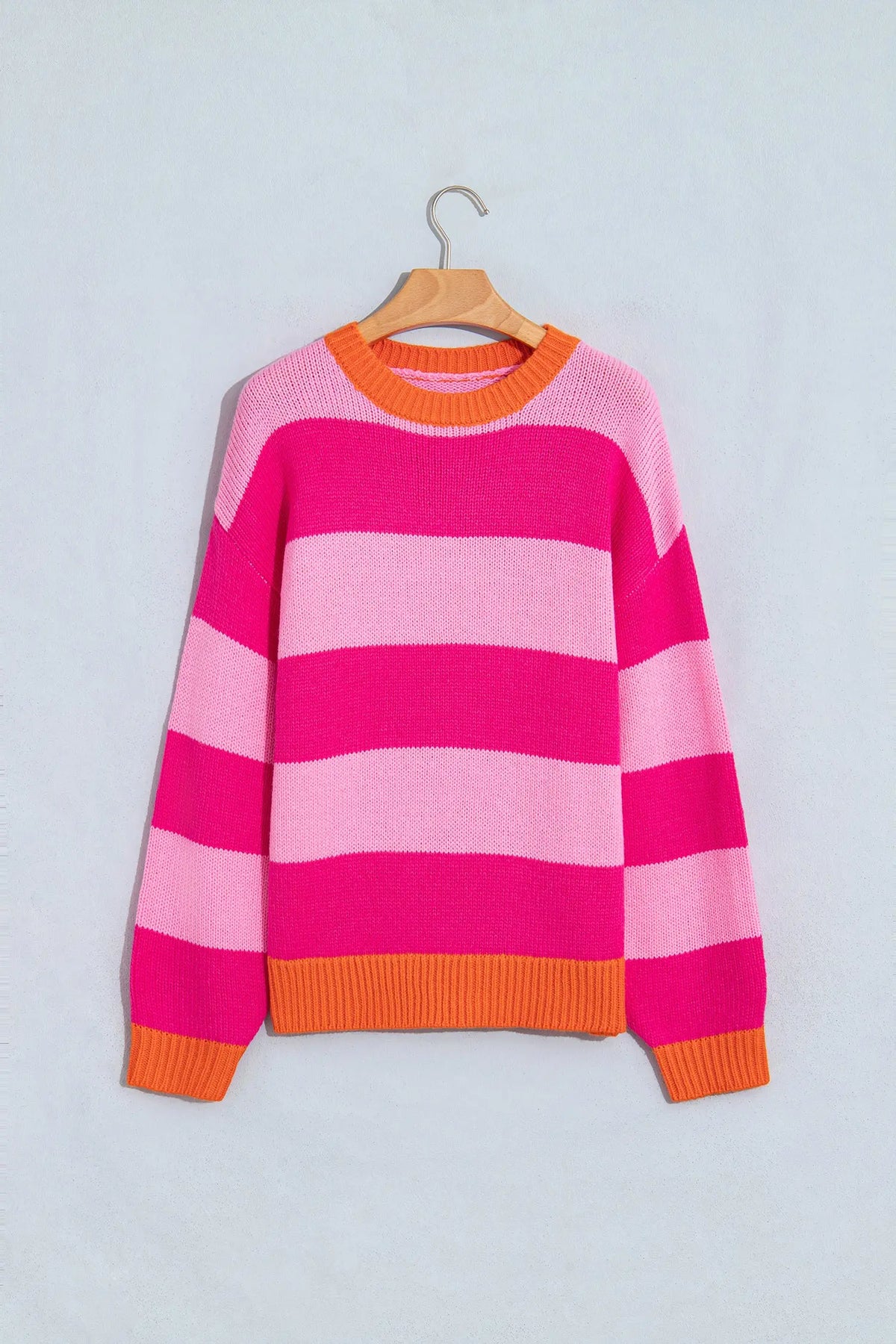 Rose Stripe Casual Colorblock Knit Drop Shoulder Relaxed Sweater
