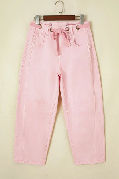 Yellow Solid Color Grommet Detail Knot Waist Barrel Jeans