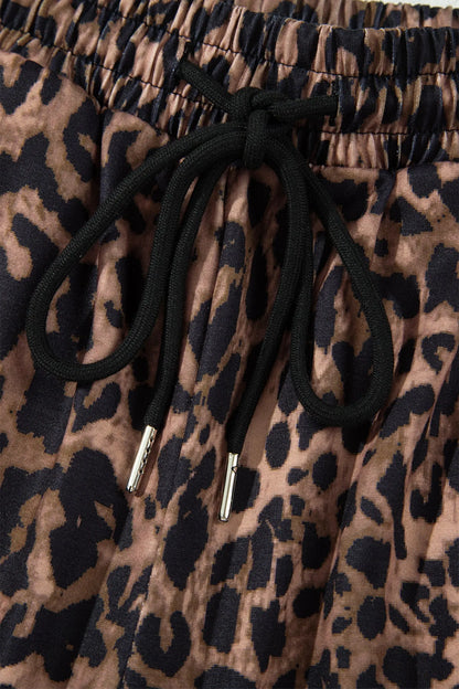 Brown Leopard Print Contrast Striped Detail Long Sleeve Top Pant Set