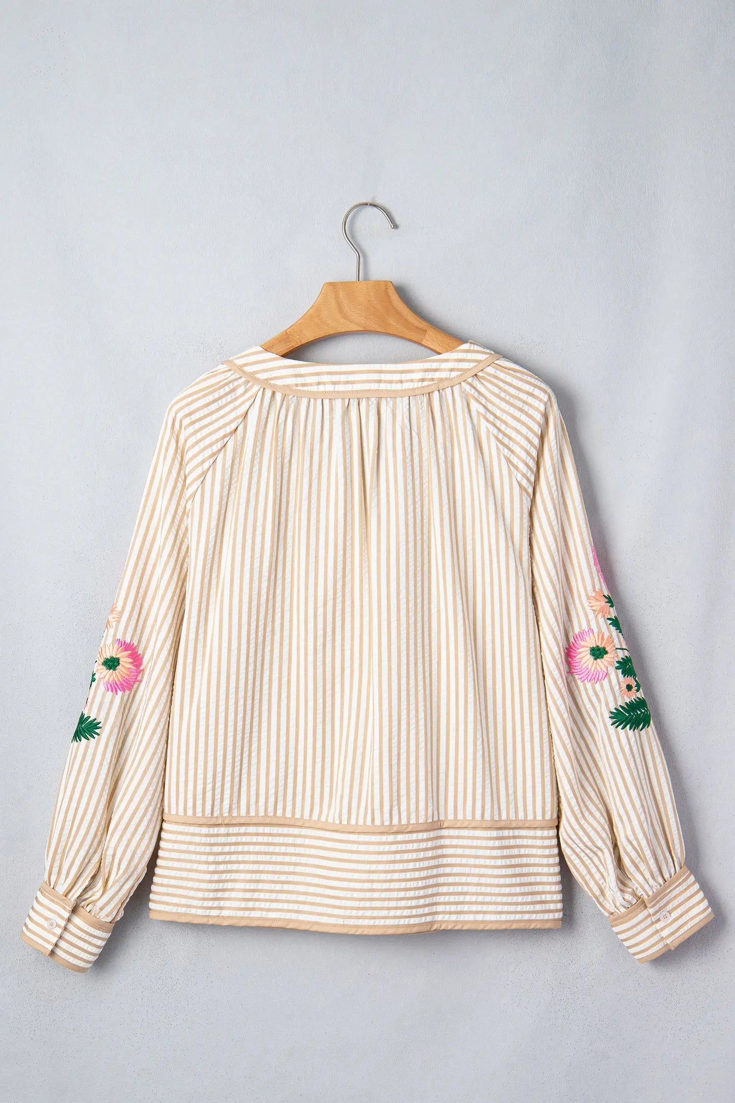 Khaki Stripe V Neck Floral Embroidered Long Sleeve Blouse