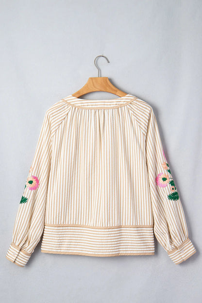 Khaki Stripe V Neck Floral Embroidered Long Sleeve Blouse