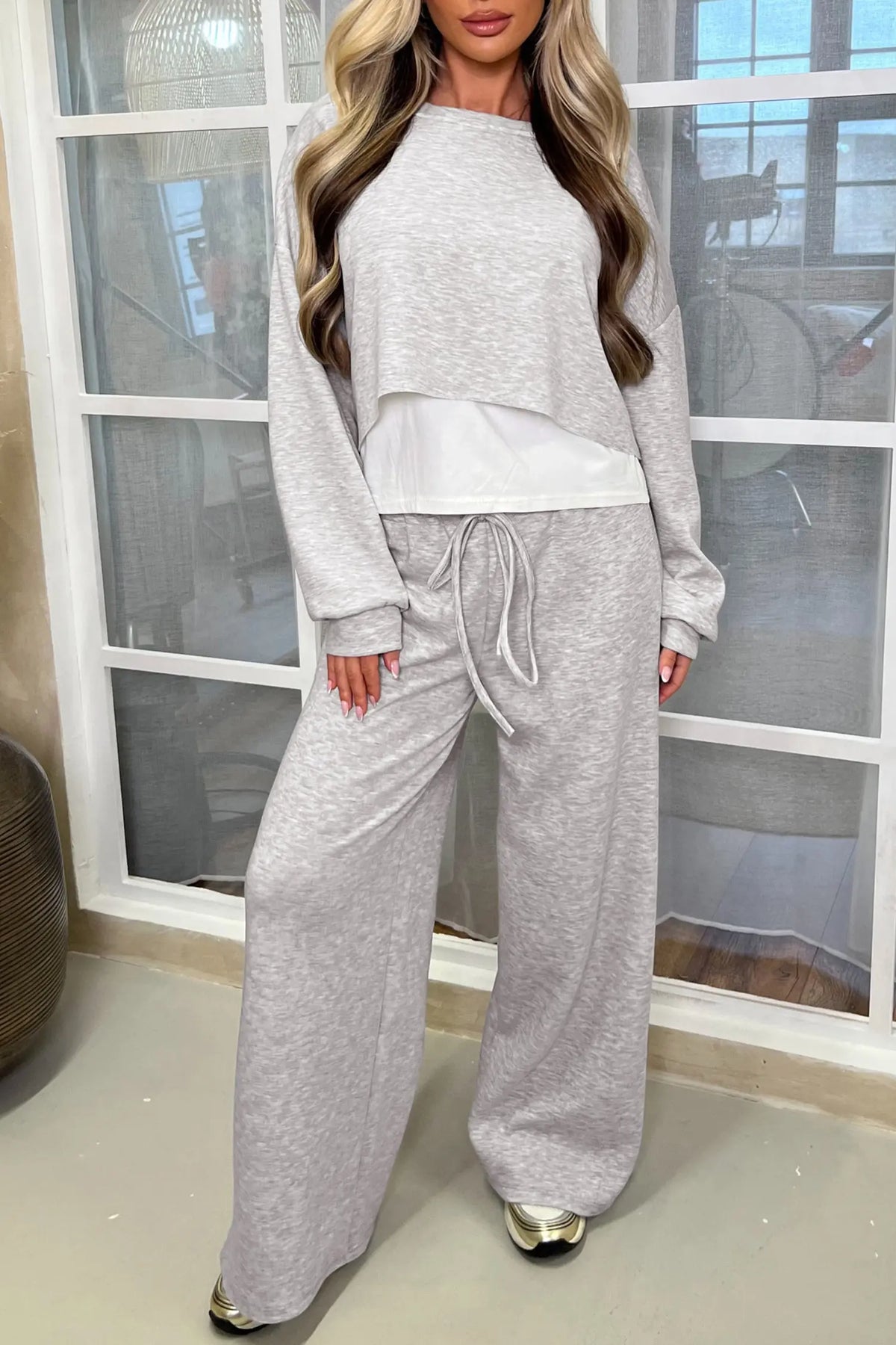 Color Contrast Overlay Long Sleeve Top Drawstring Loose Pant Set