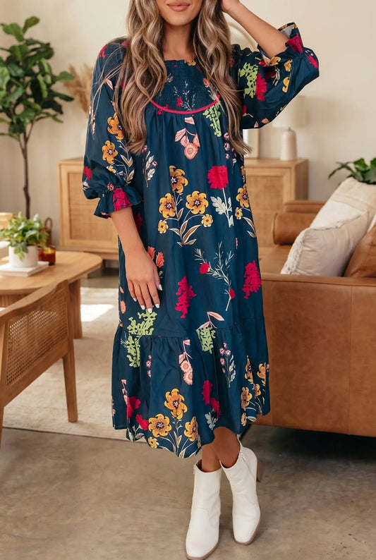 Blue Floral Print Gathered Neckline 7/8 Sleeve Casual Midi Dress model front view · nz-alt-v1
