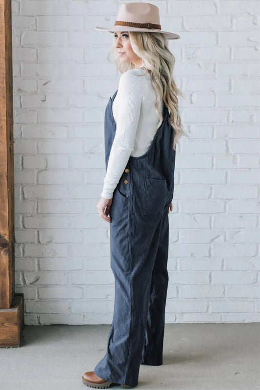 Real Teal Button Adjustable Straps Solid Color Corduroy Jumpsuit side view · nz-alt-v1