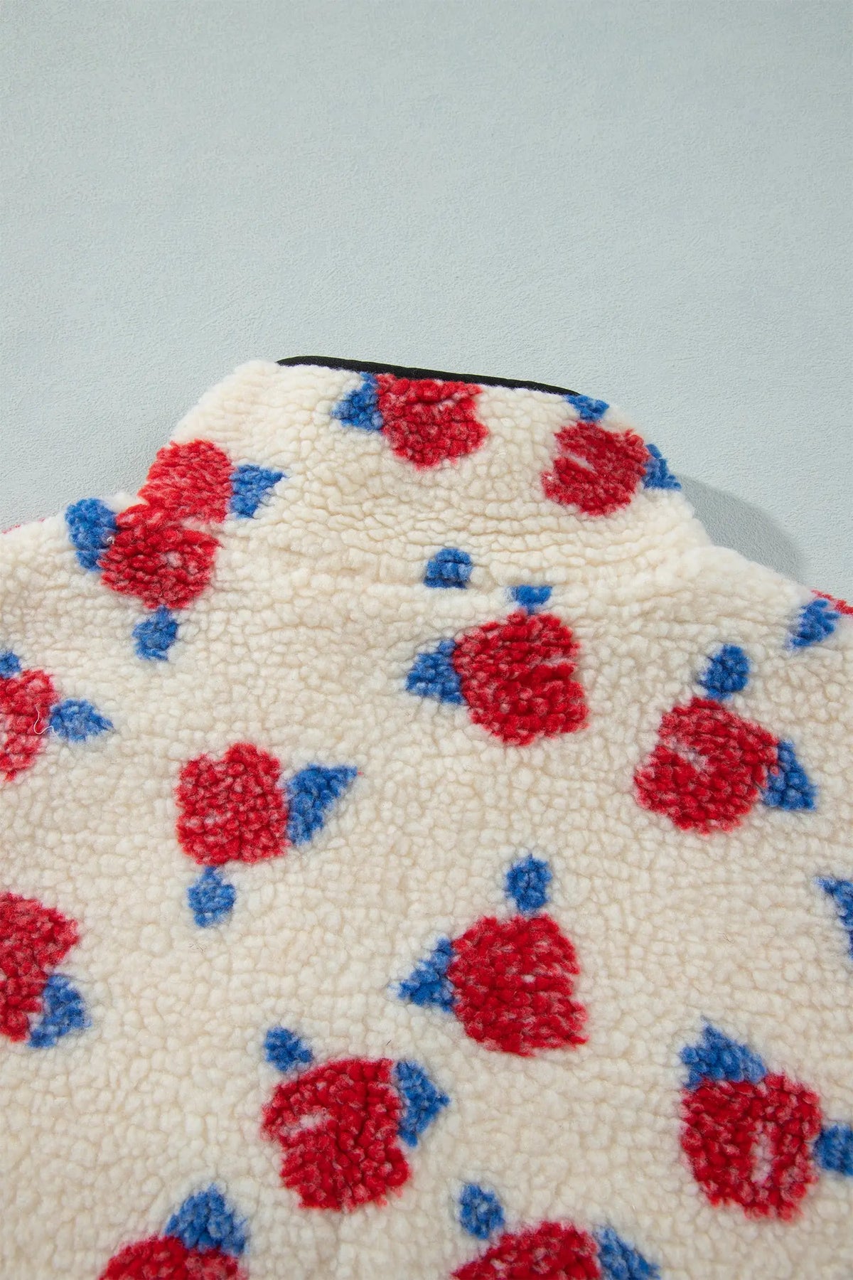 White Floral Print Zipper Stand Neck Outerwear Fleece Coat