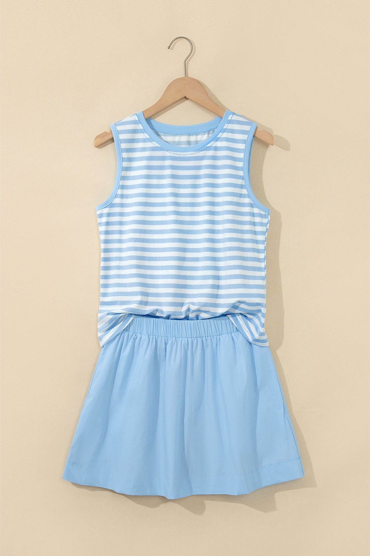 Sky blue stripe slim tank and ruffle mini skort set hanging view