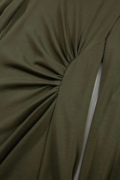 Jungle Green Solid Color Ruched Detail Long Sleeve Midi Dress