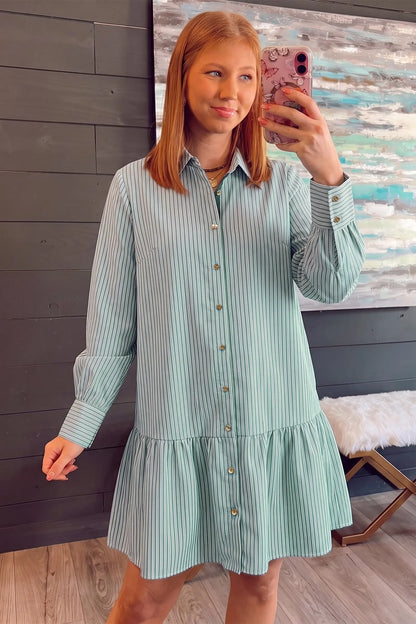 Green Stripe Striped Shift Long Sleeve Dress