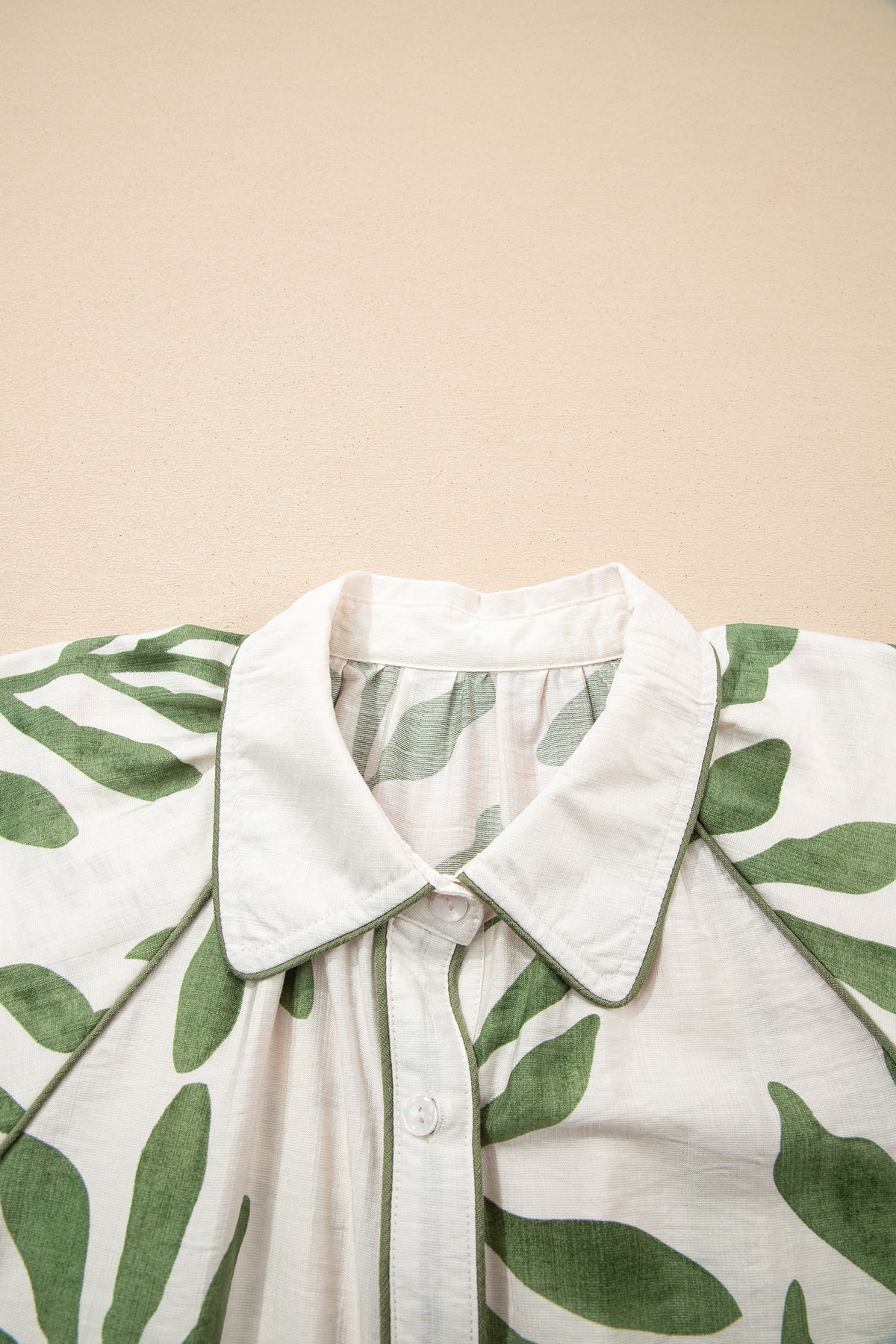 Green Leaf Print Short Balloon Sleeve Shirt