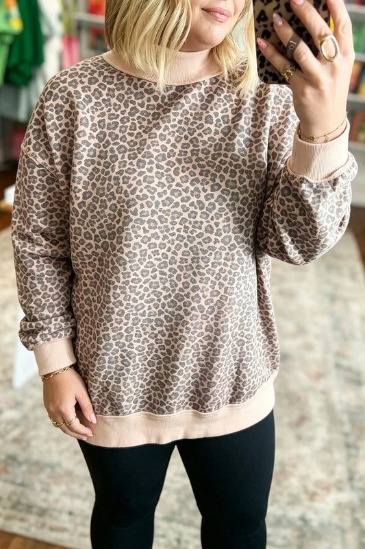 Multicolour plus size leopard print ribbed color block mock neck tunic sweatshirt model front view · nz-alt-v1