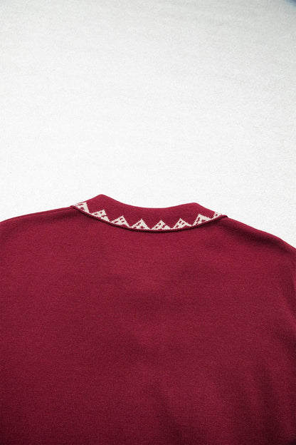 Burgundy Bow Pocket Collar Long Sleeve Knit Cardigan