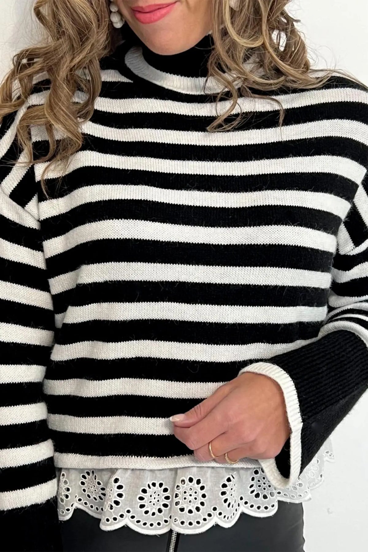 Black Striped High Neck Contrast Ruffle Detail Casual Sweater model front view · nz-alt-v1