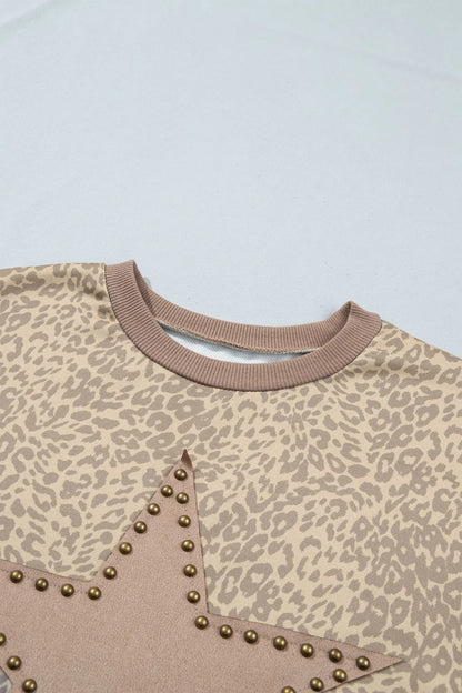 Khaki Leopard Star Print Long Sleeve Loose Casual Two Piece Pants Set