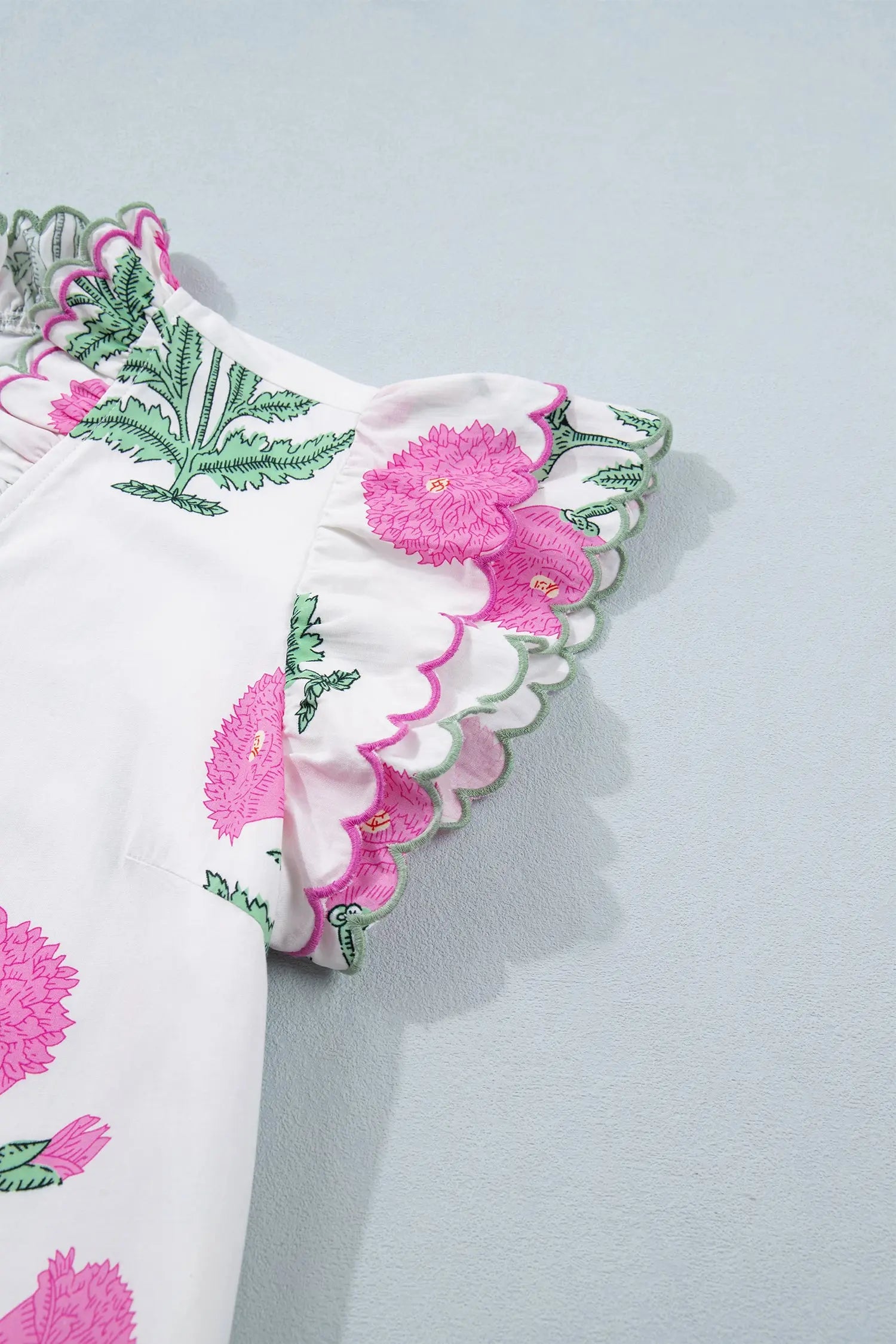 Sky Blue Wild Floral Print Scalloped Embroidery Trim V Neck Drop Waist Mini Dress - Casual Dresses
