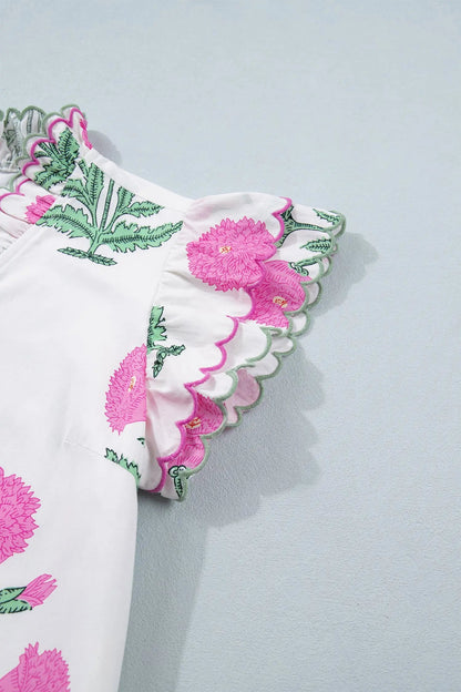 Sky Blue Wild Floral Print Scalloped Embroidery Trim V Neck Drop Waist Mini Dress - Casual Dresses