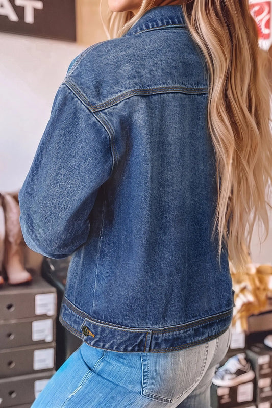 Sail Blue Vintage Wash Western Shift Denim Jacket model back view · nz-alt-v1