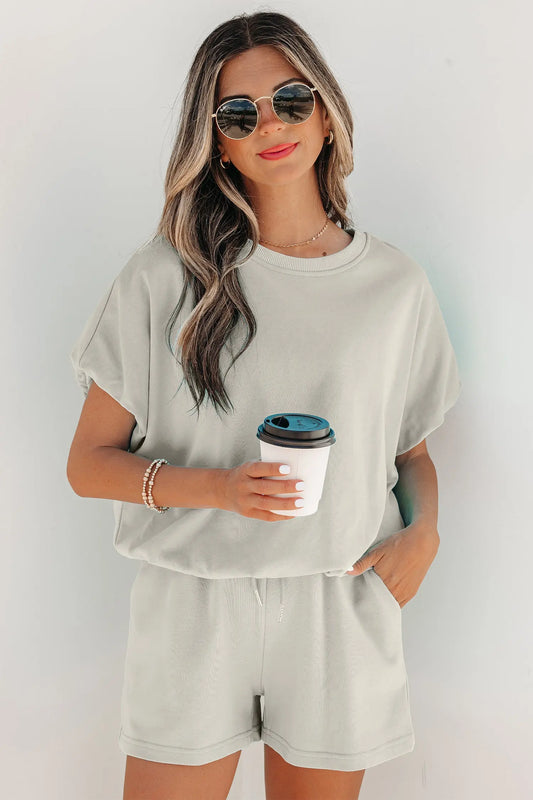 Smoke Gray Solid Color Puffy Loose Top Drawstring Shorts 2pcs Outfit Nataliz