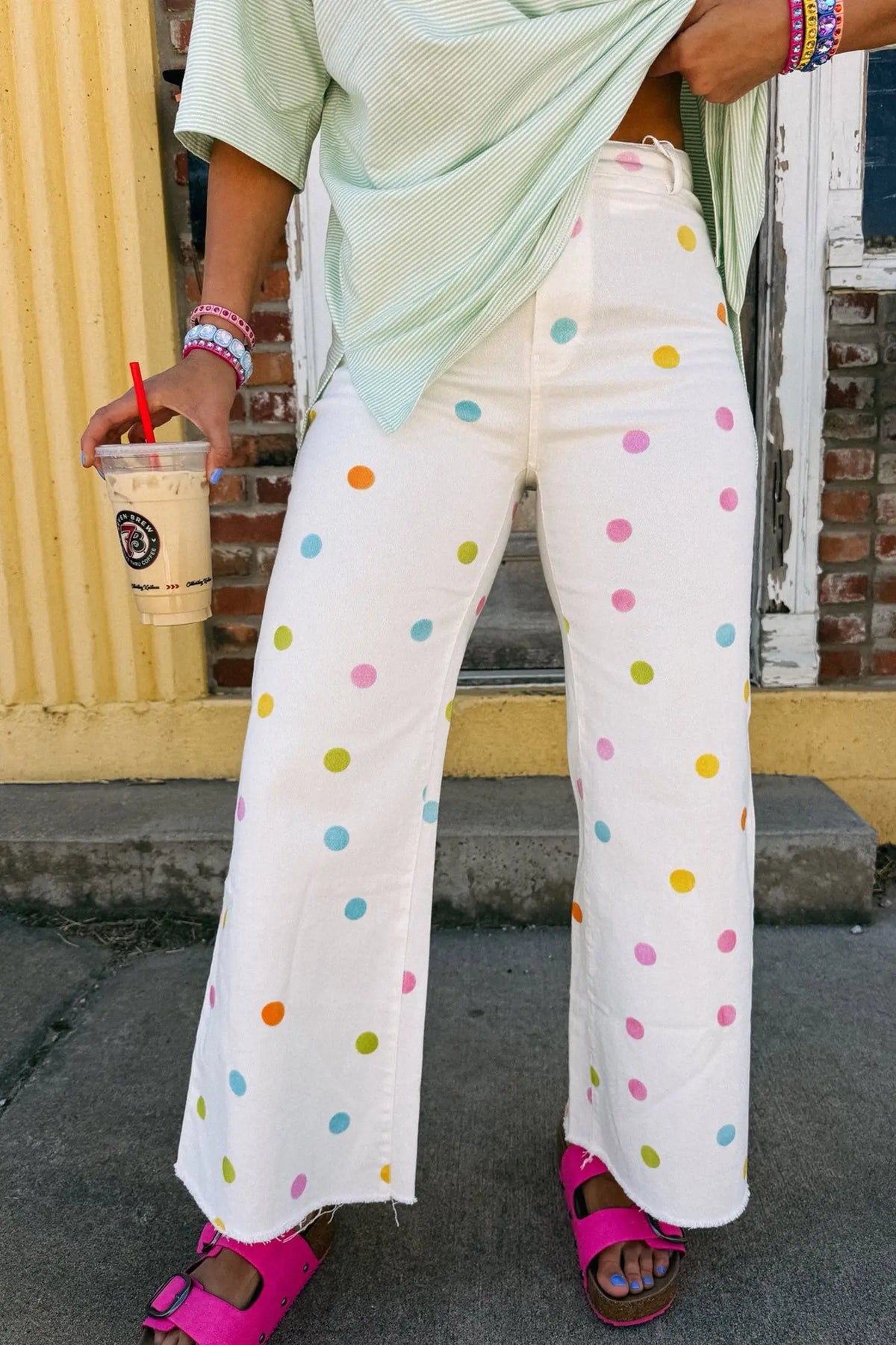 White High Waist Polka Dot Straight Leg Casual Jeans model front view · nz-alt-v1