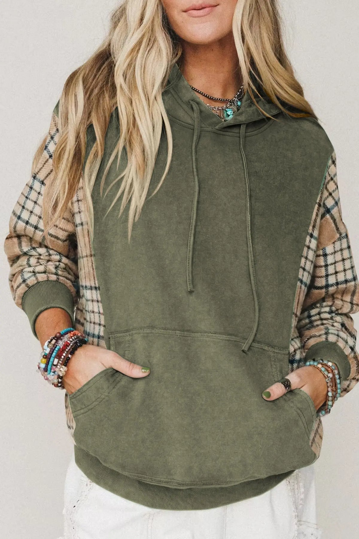 Plaid sleeve drawstring pocket hooded sweatshirt moss green model front view · nz-alt-v1