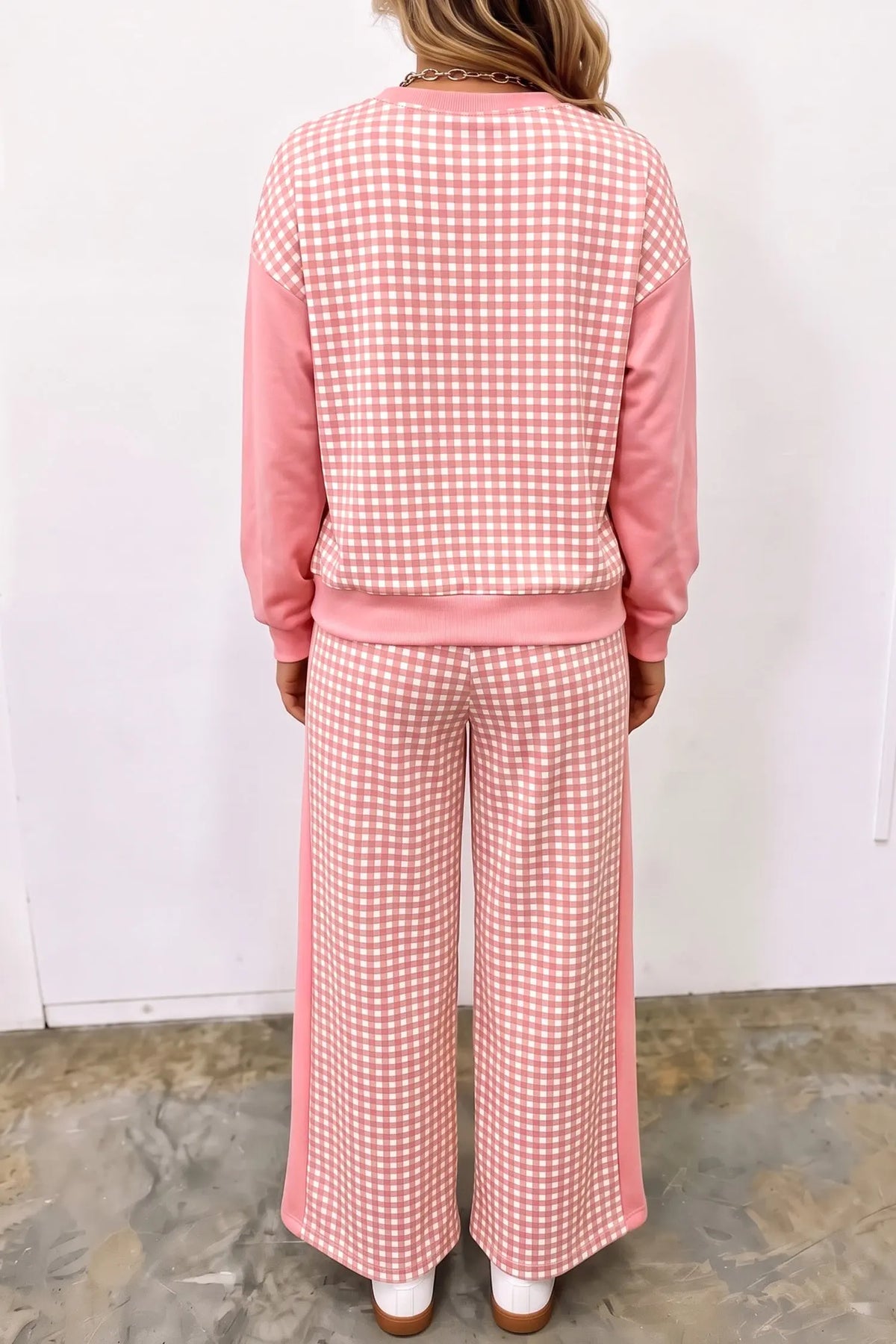 Green Color Block Plaid Patchwork Long Sleeve Pullover Wide Leg Pant Set