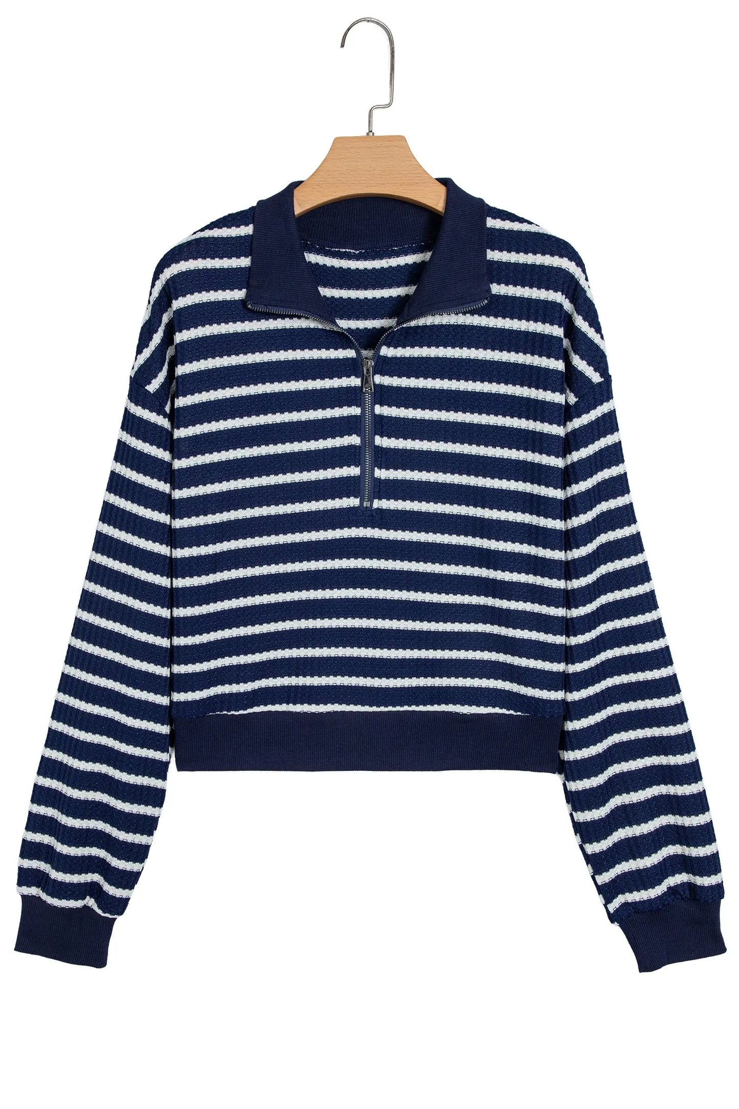 Blue Stripe Textured Knit Half Zip Collared Long Sleeve Top