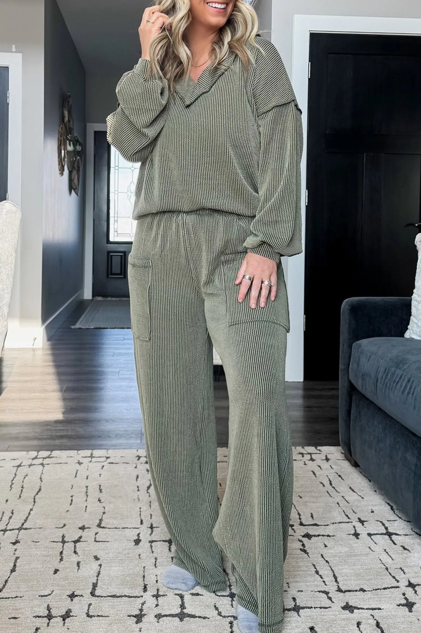 Four Leaf Clover Twisted Ribbed Exposed Seam Detail V Neck Pullover Plus Size Pant Set