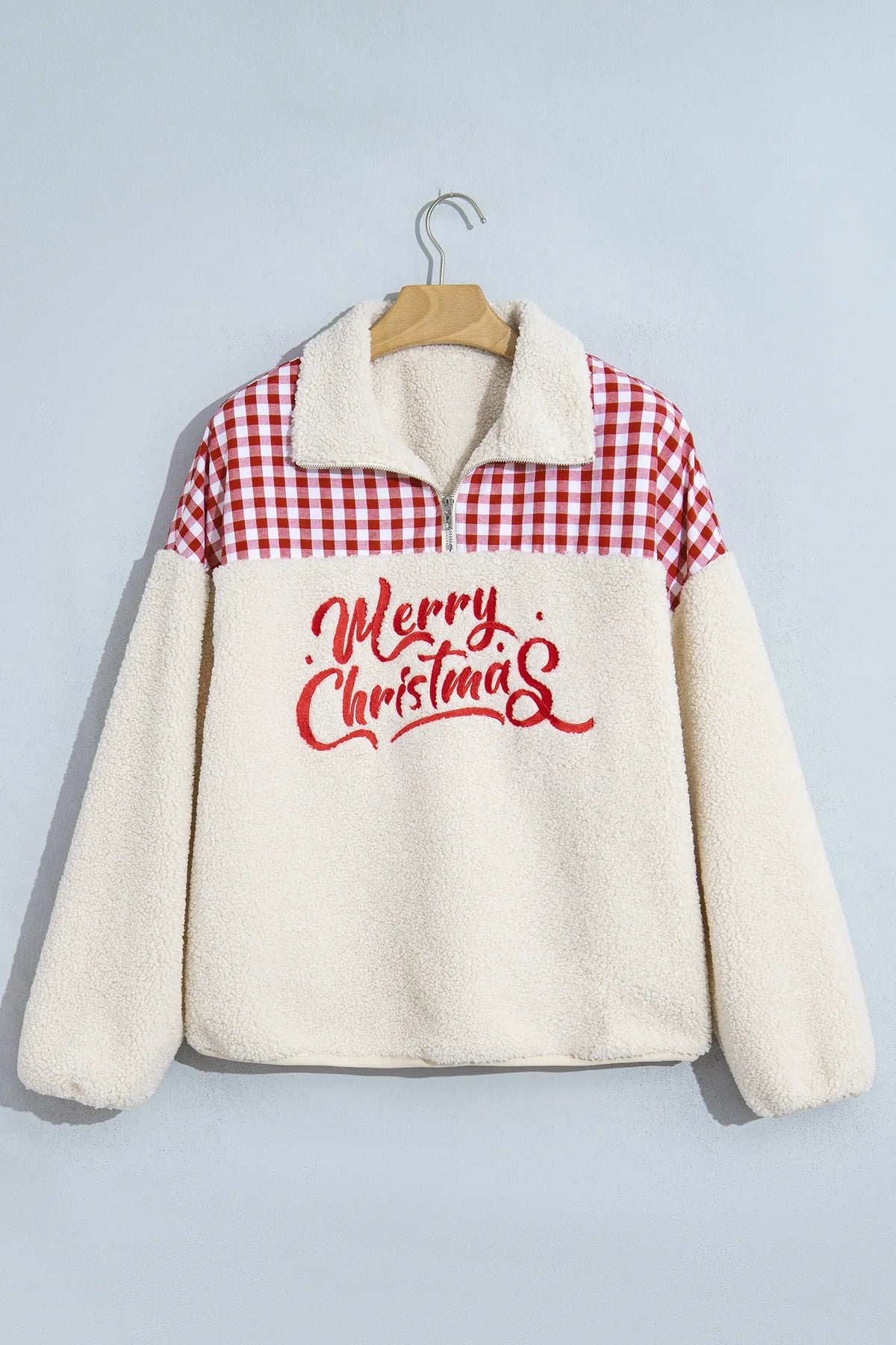 White Plush Plaid Patchwork Merry Christmas Baggy Sweatshirt