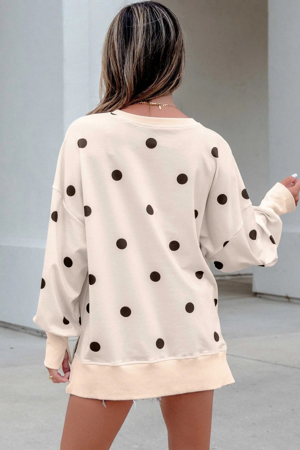 Pink Polka Dot Loose Long Sleeve Split Hem Pullover Top
