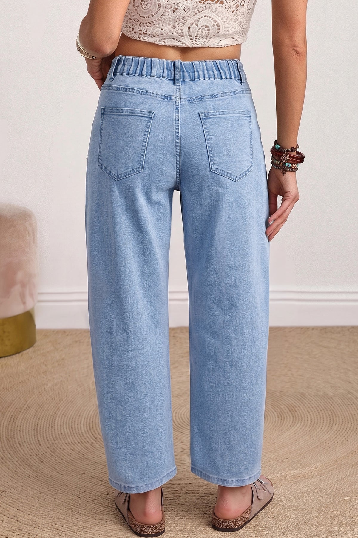 Solid Color Square Patch Pocket Ankle-length Barrel Jeans