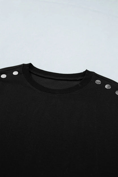 Black Casual Solid Short Sleeve Top with Metal Button Details Key Features - Tops
