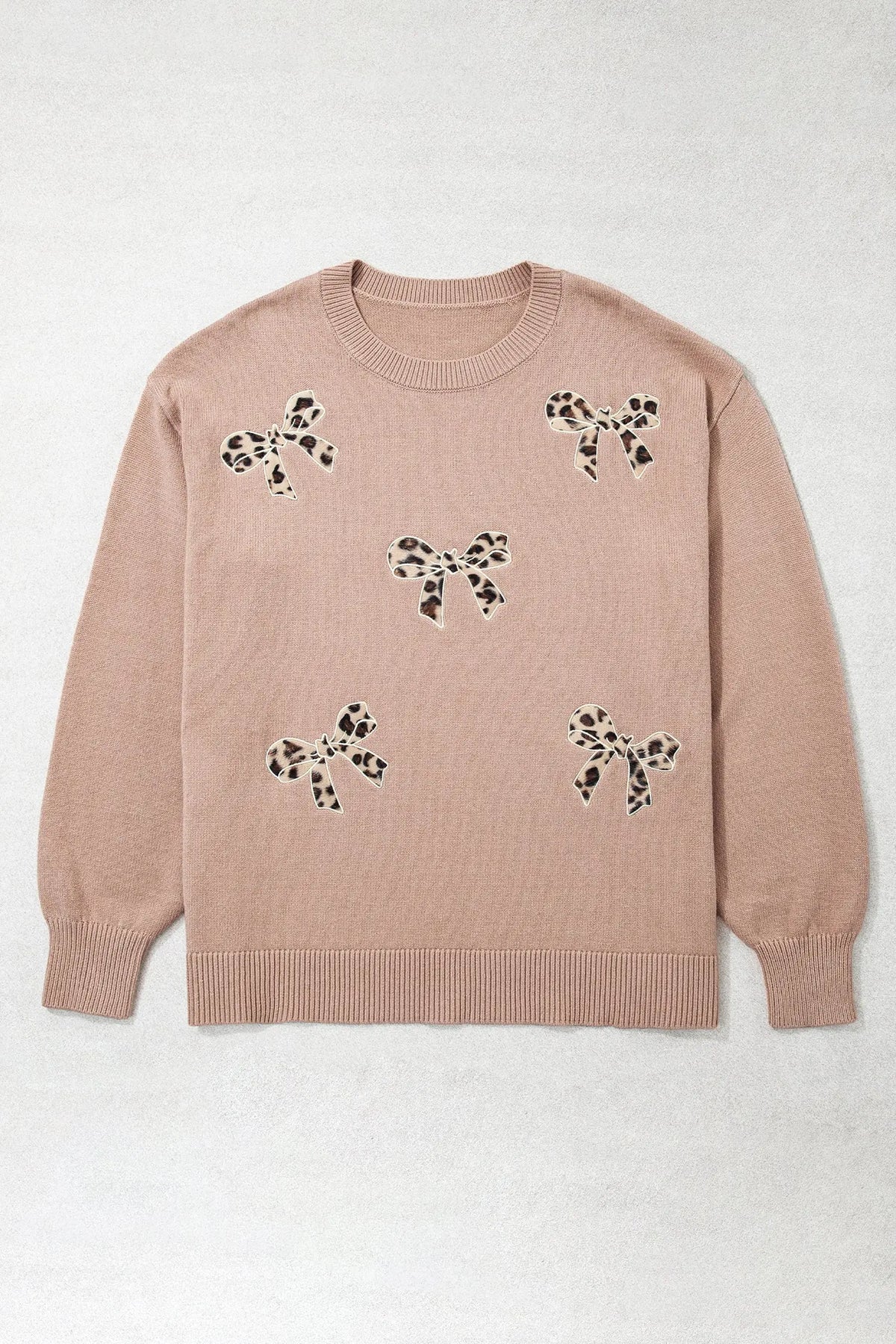 Dark Khaki Leopard Bow Embroidery Drop Shoulder Tunic Plus Size Sweater